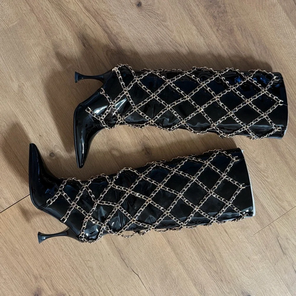 Jeffrey Campbell black patent gold Chanel chain boots size 7.5 - Picture 2 of 12